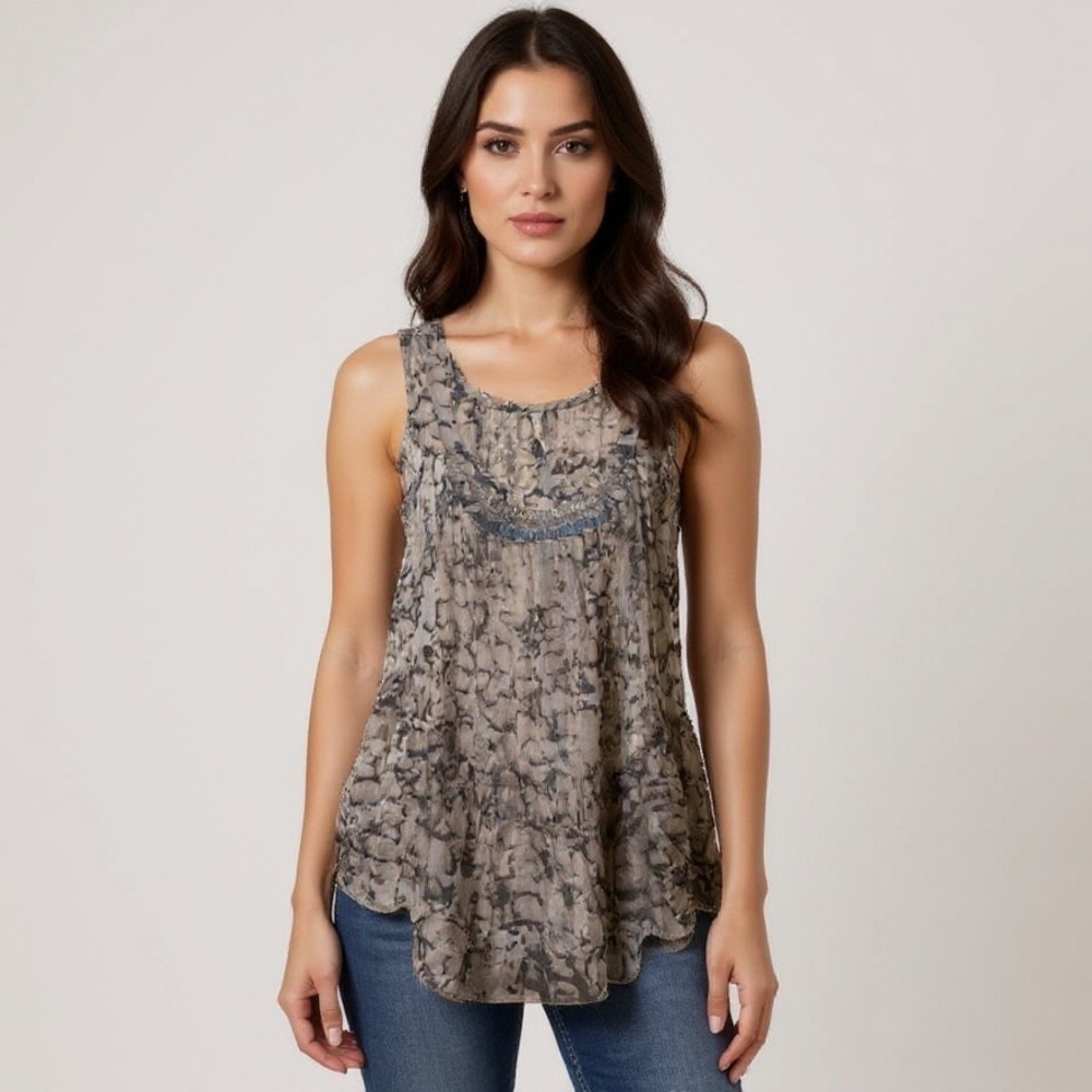 Anthropologie Willow & Clay sheer Beige beaded Patterned Sleeveless tunic Blouse